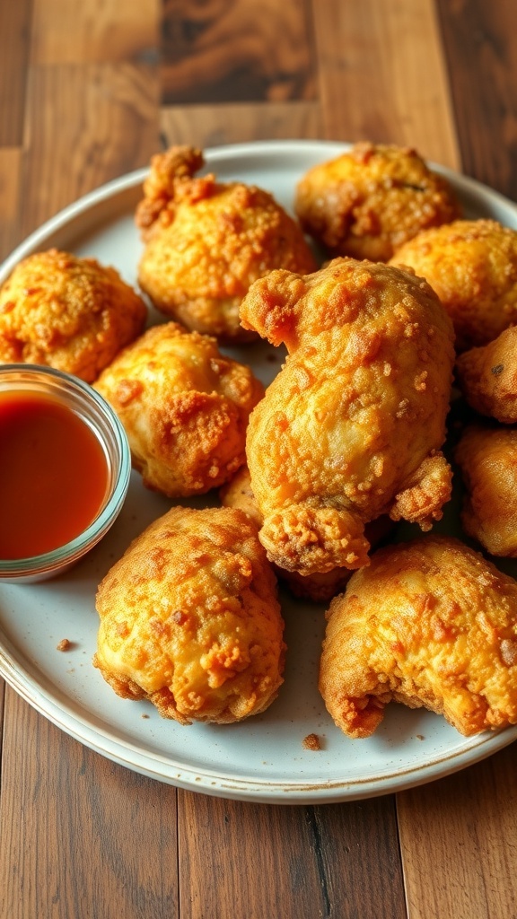Crispy reheated fried chicken on a plate with dipping sauce on a wooden table.
